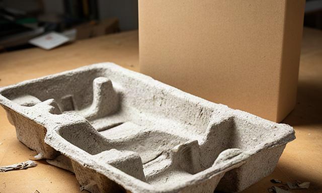 Formfaser-Einsatz aus Altpapier neben einer verpackten Produktprobe