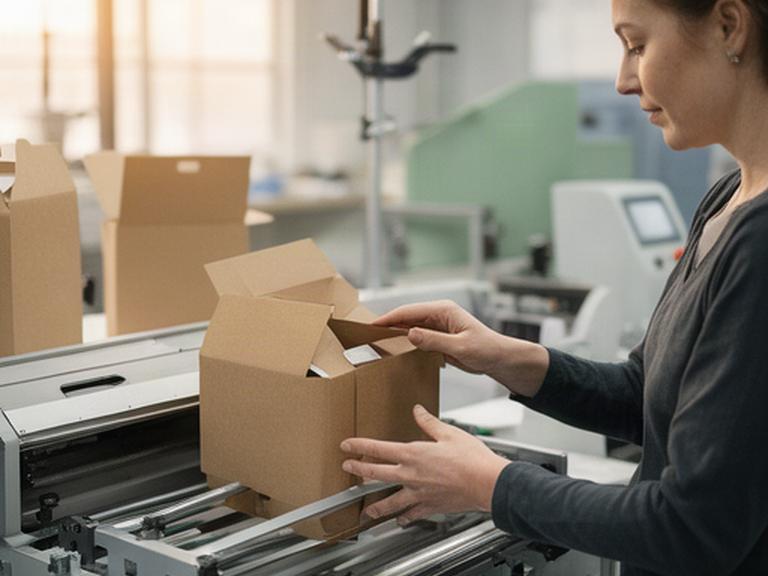 Technikerin testet einen Prototypen aus Karton an einer Verpackungsmaschine