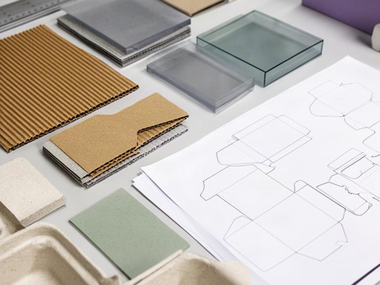 Materialmuster aus Wellpappe, rPET und Formfaser neben technischen Verpackungszeichnungen