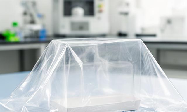 Transparente PLA-Folie auf einer Musterverpackung im hellen Prüfraum