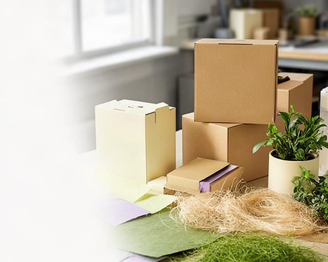 Recycelbare Kartonverpackungen auf einem Arbeitstisch neben Graspapier und Pflanzenfasern