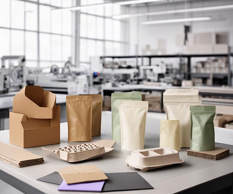 Moderne Verpackungen aus Karton und nachhaltigen Materialien auf einem Arbeitstisch in einer Schweizer Produktionshalle